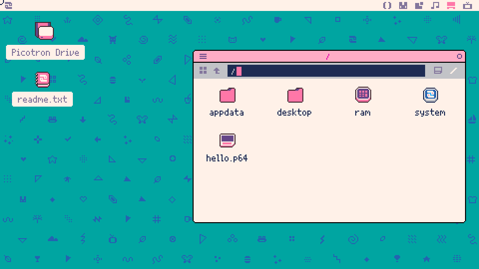 The file browser, open at the very top of Picotron's drive