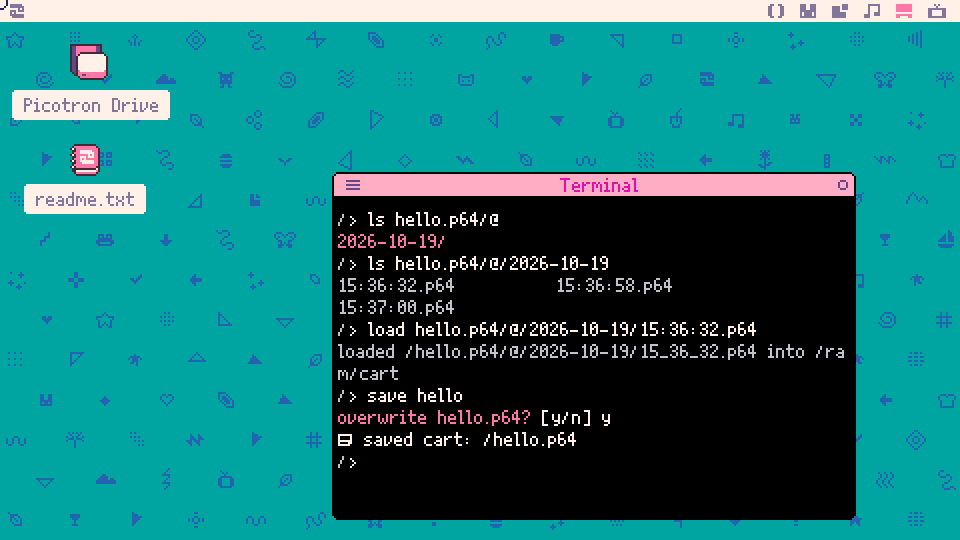 Listing hello.p64's history, loading the first version, and saving it back