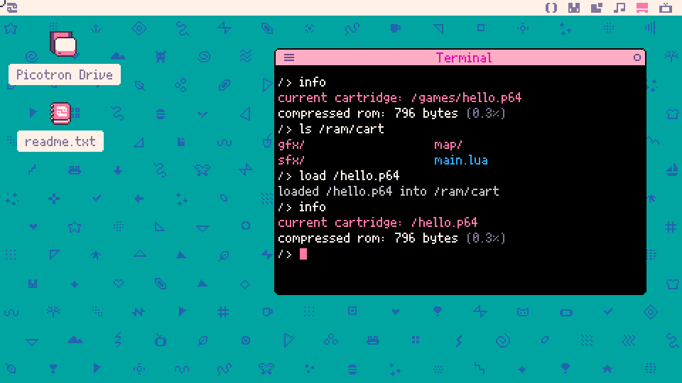 info, ls /ram/cart, load /hello.p64, info again